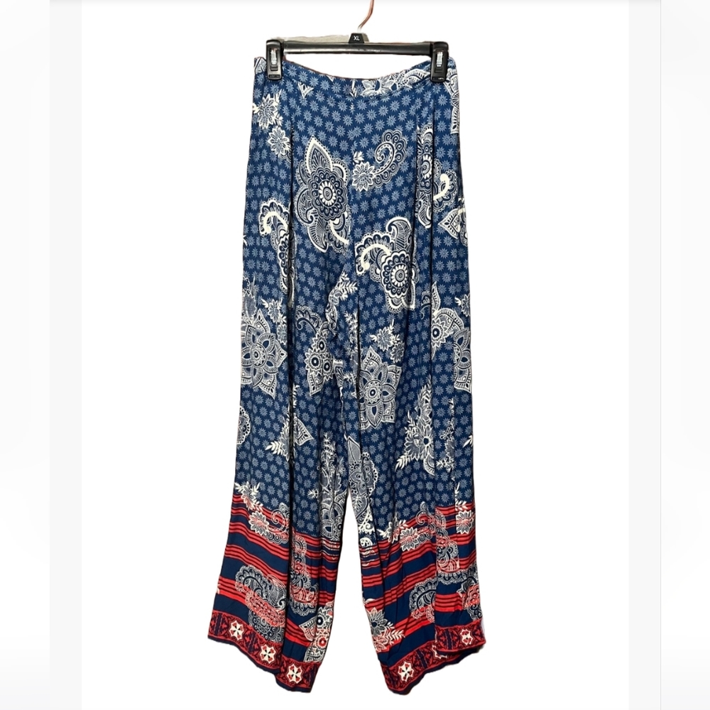 Flying Tomato Womens Wide Leg Boho Pants Medium Blue Red Floral Paisley Pleated